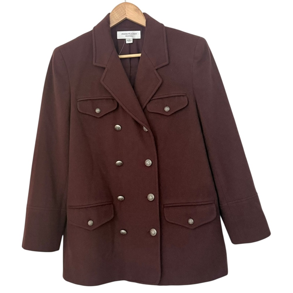 Vintage Anne Klein Wool Cashmere Jacket Double Breasted Crest Buttons Size‎ 6 P